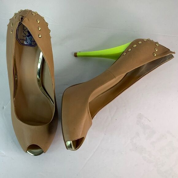 DMSX Donald J Pliner Latoya Tan/Green Neon Heels Peep Toe Stiletto Sz 8 - Picture 2 of 11